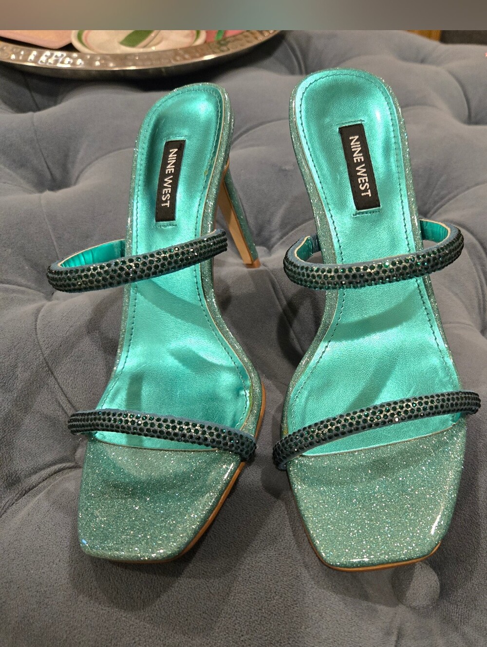 Nine West Teal Glitter Open-Toe Stiletto Sandals